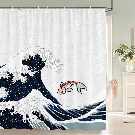 Rideau de douche vague japonaise et carpe koi