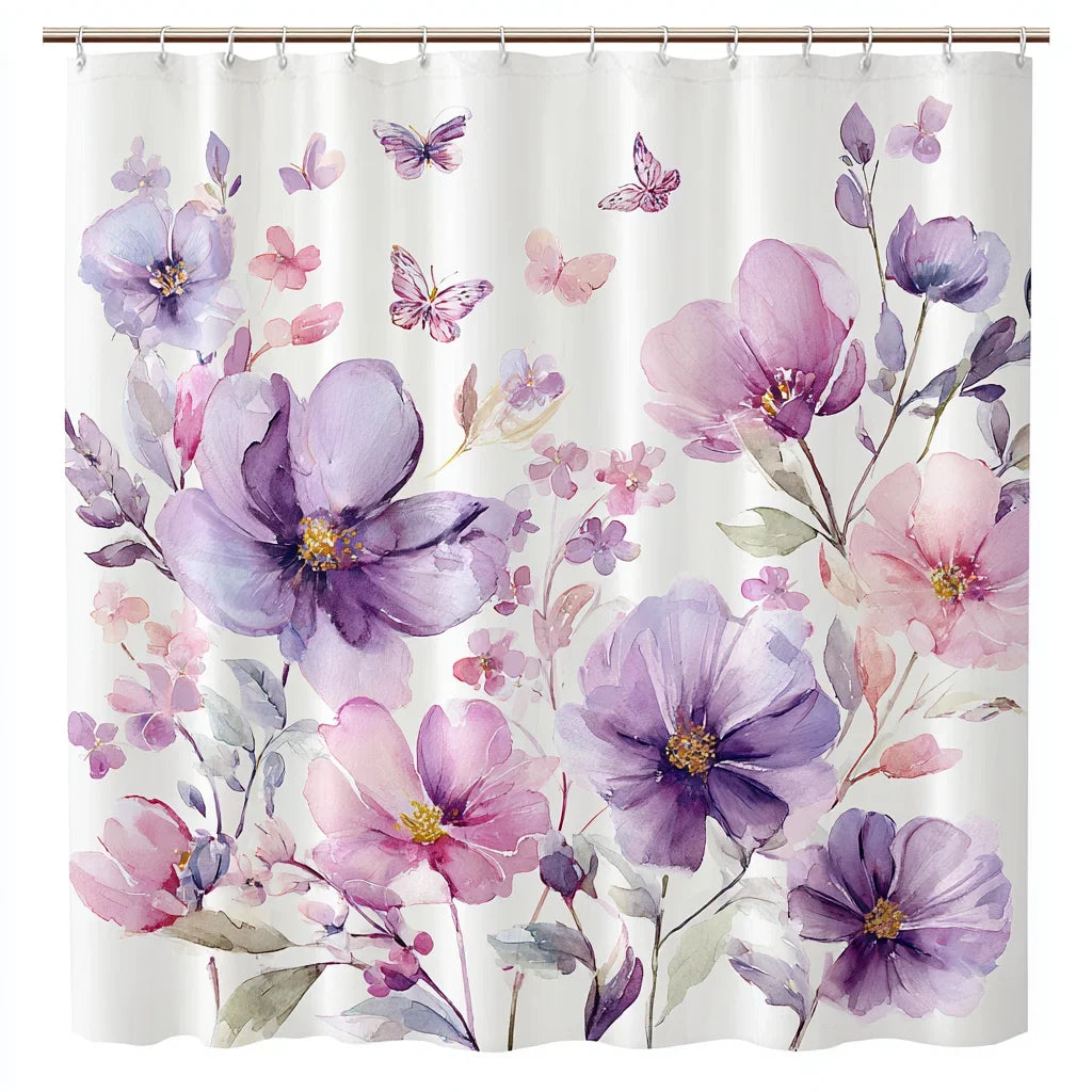 Rideau de douche fleurs violettes et papillons