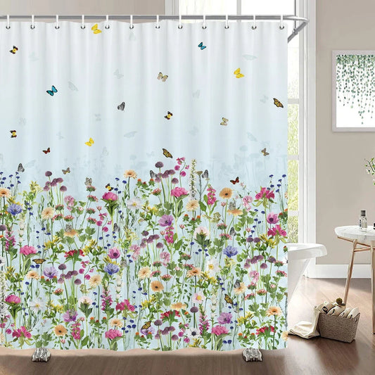 Rideau de douche fleurs sauvages et papillons