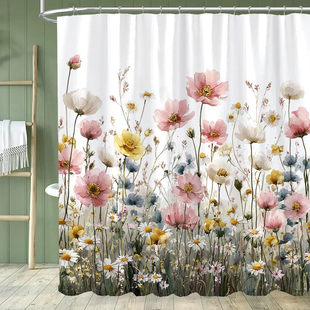 Rideau de douche fleurs des champs roses