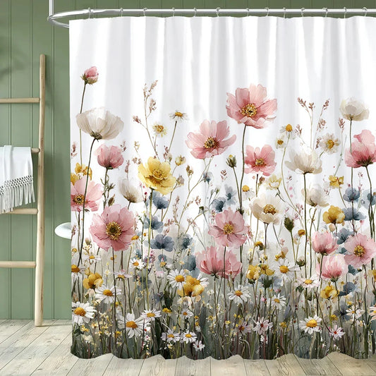 Rideau de douche fleurs des champs roses