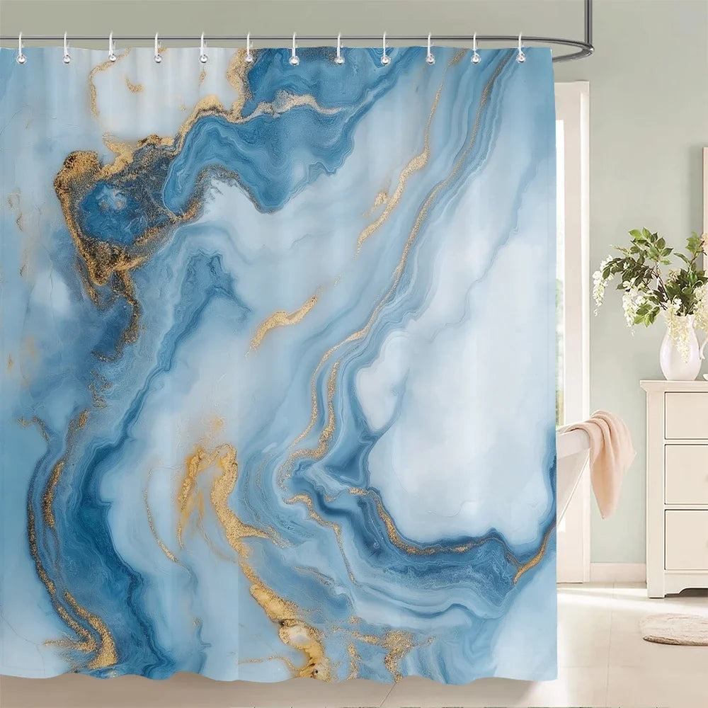 Rideau de douche peinture fluide bleu clair et or