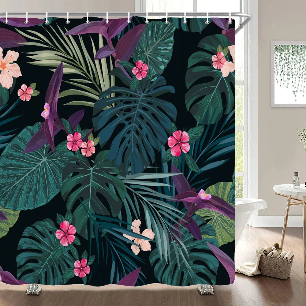 Rideau de douche feuillage tropical sur fond noir