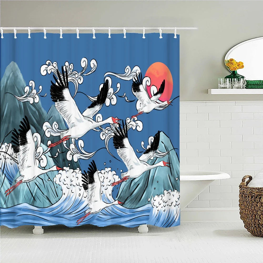 Rideau de douche vague japonaise et poulpe