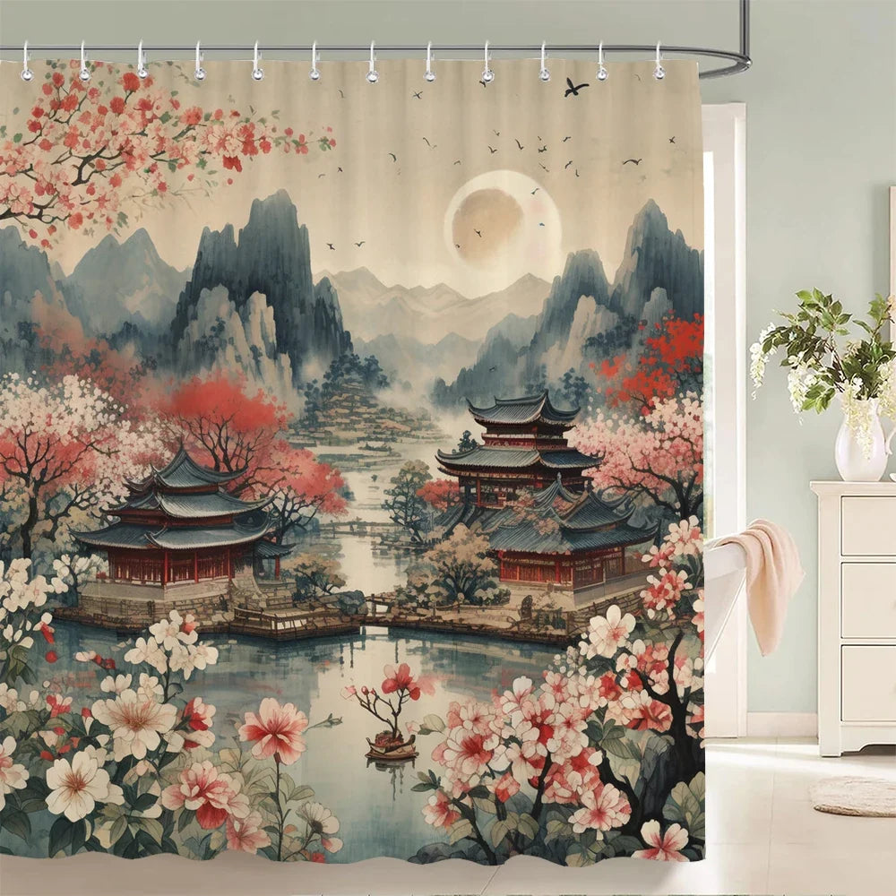 Rideau de douche pagode japonaise fleurie