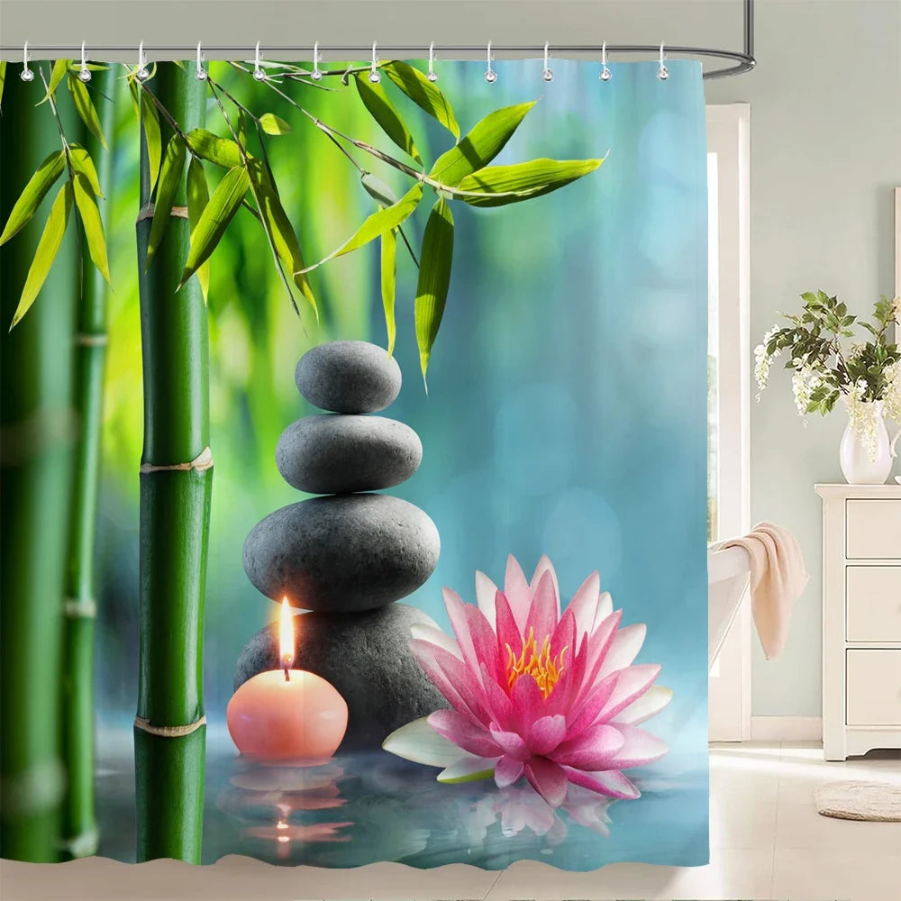 Rideau de douche bambou et lotus rose