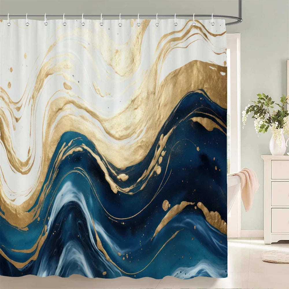 Rideau de douche vagues abstraites bleu et or