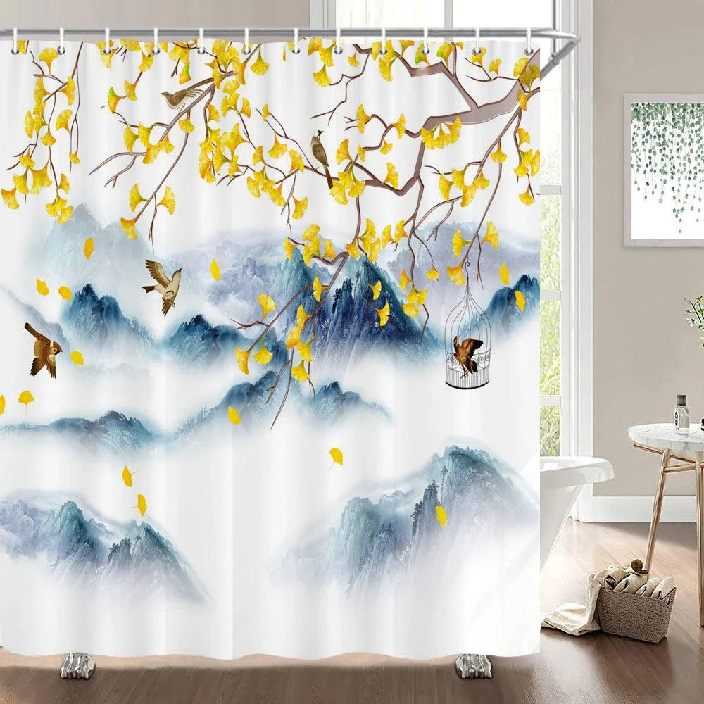 Rideau de douche montagnes et papillons