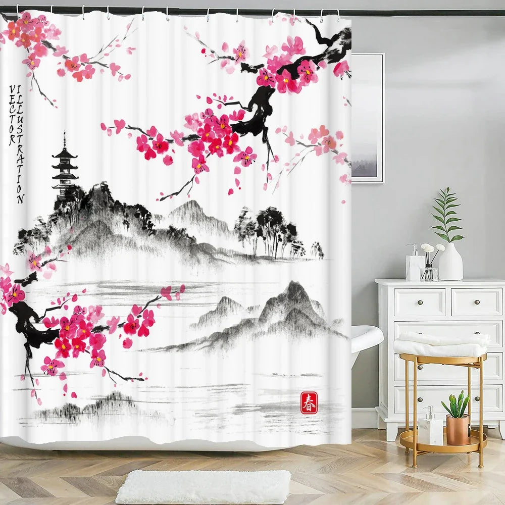 Rideau de douche paysage japonais aux cerisiers