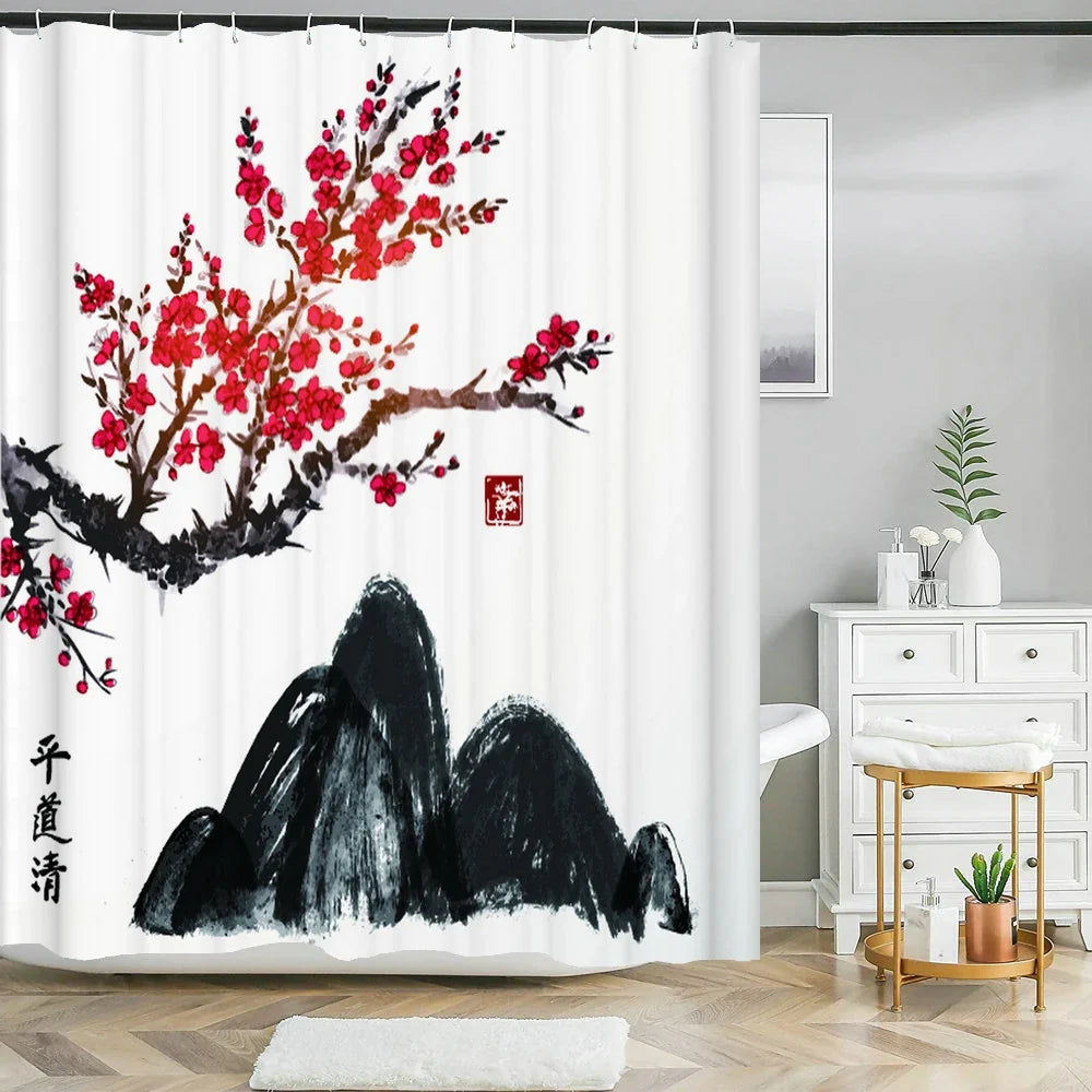 Rideau de douche cerisier rouge et montagne noire