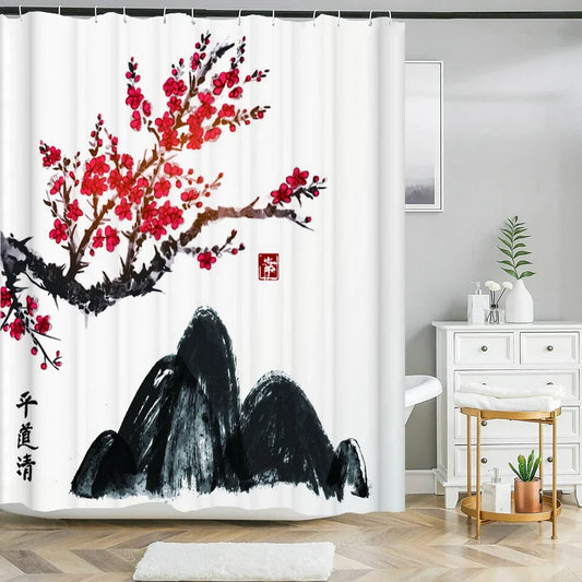 Rideau de douche cerisier rouge et montagne noire