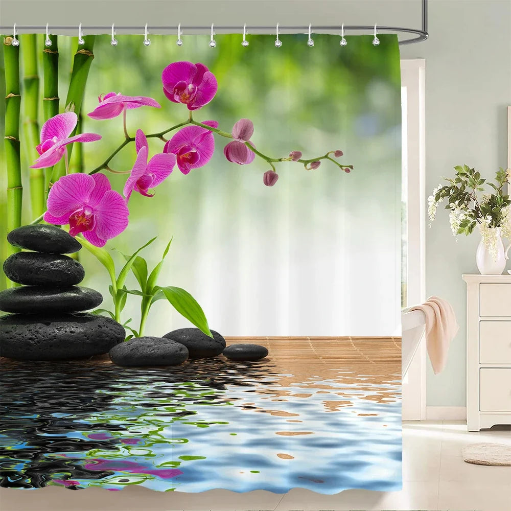 Rideau de douche orchidées roses zen