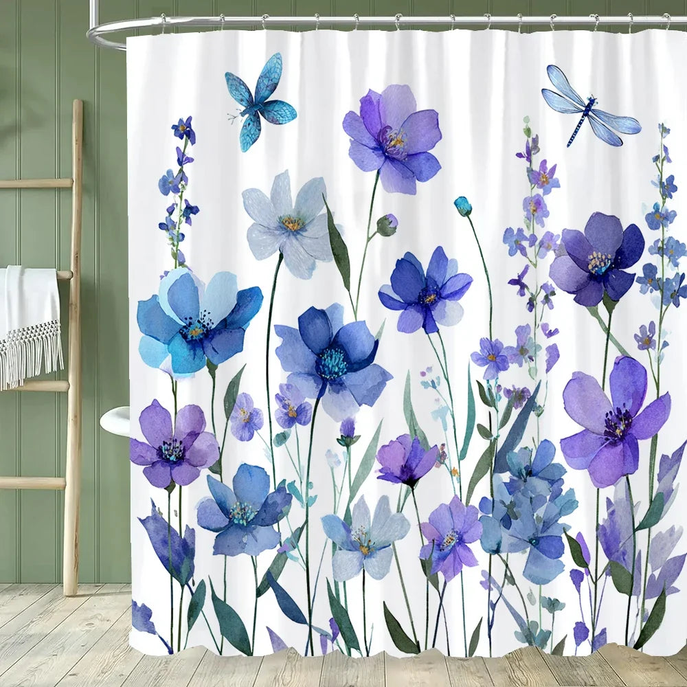 Rideau de douche fleurs bleues et papillons