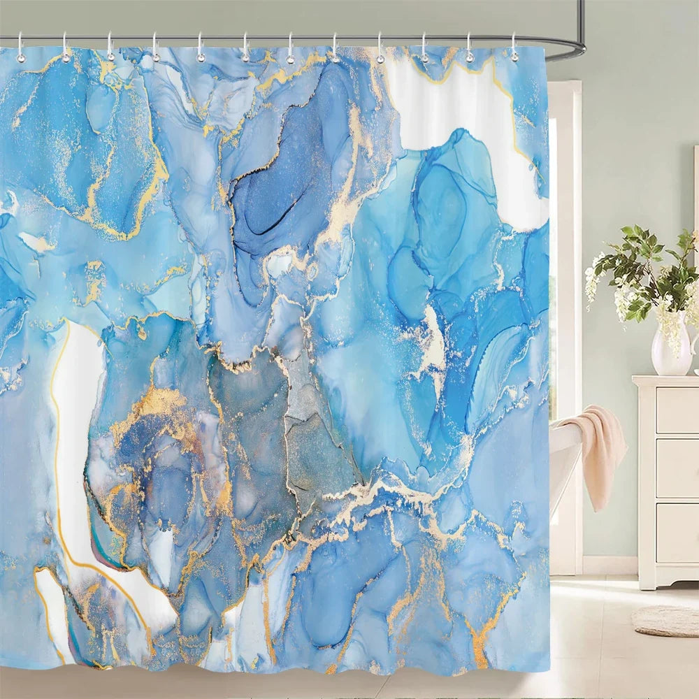 Rideau de douche peinture fluide bleu ciel et or