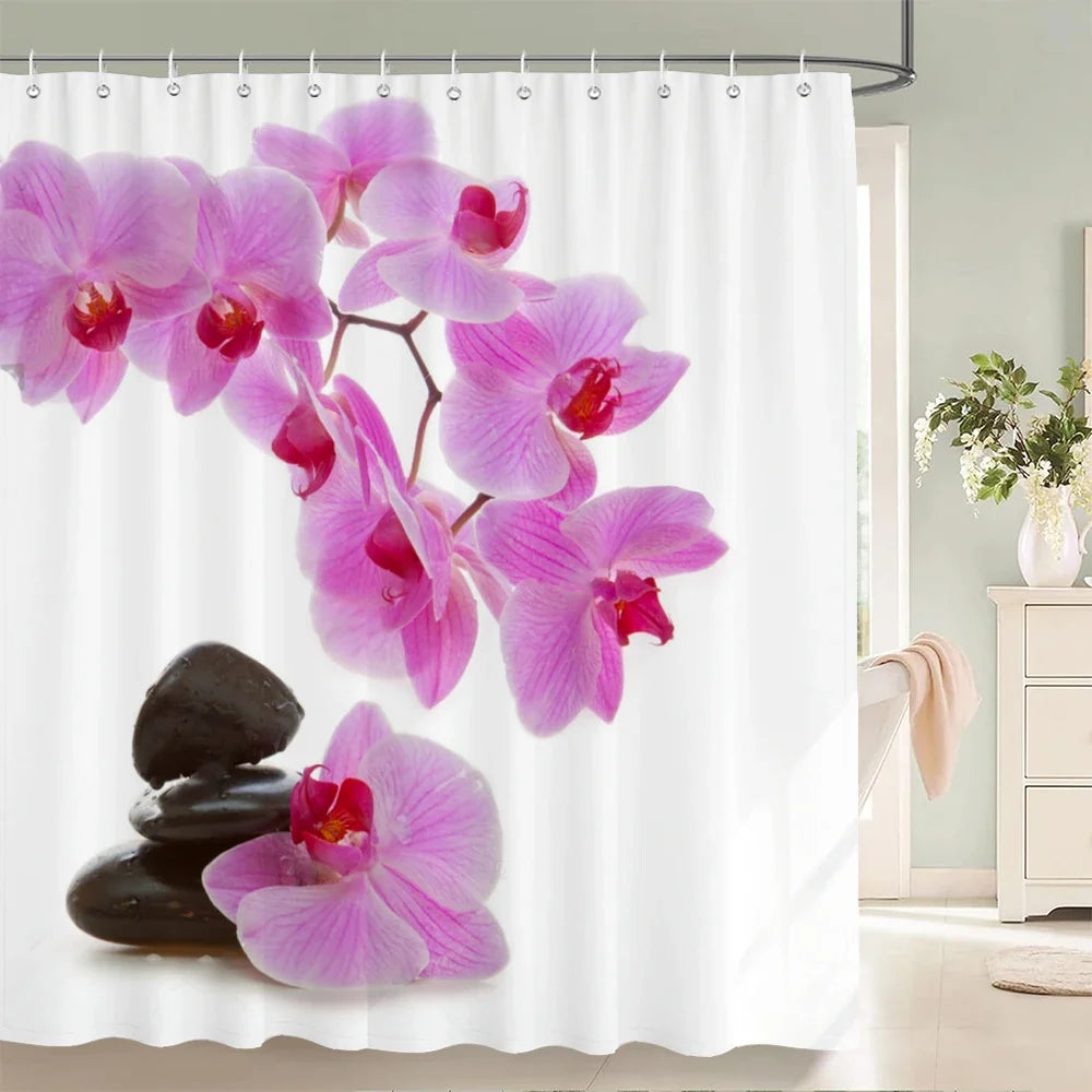 Rideau de douche orchidées roses et galets
