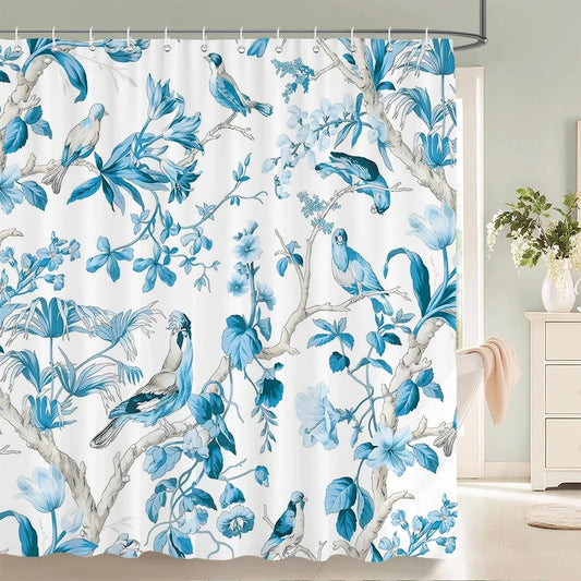 Rideau de douche oiseaux bleus tropicaux