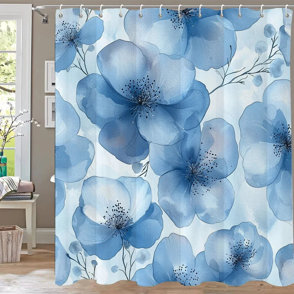Rideau de douche fleurs bleues aquarelle