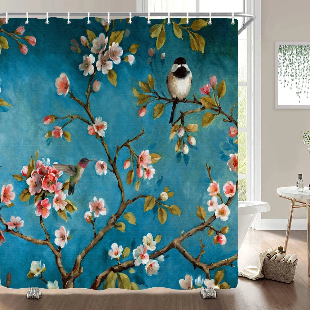 Rideau de douche oiseaux et fleurs sur fond bleu