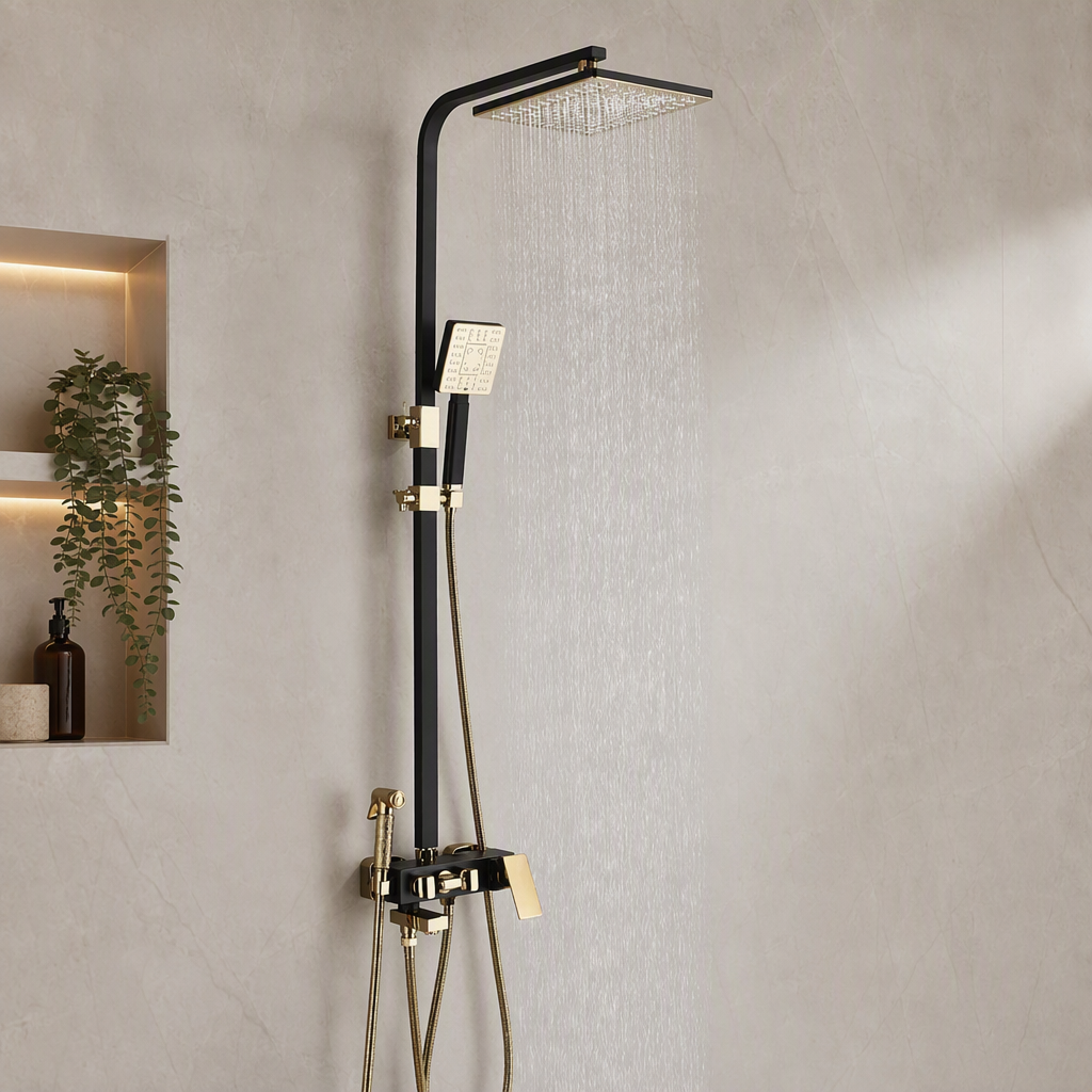 Colonne de douche design à effet pluie Noir et doré