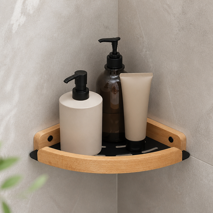 Étagère de douche d'angle noire et bois clair