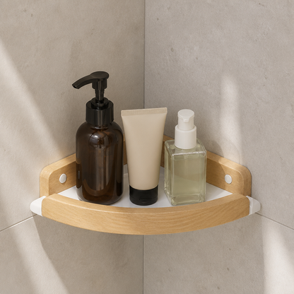 Étagère de douche d'angle blanche et bois clair
