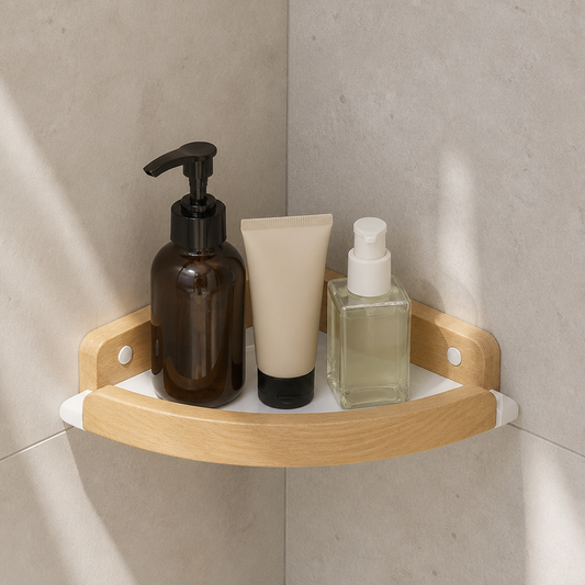 Étagère de douche d'angle blanche et bois clair