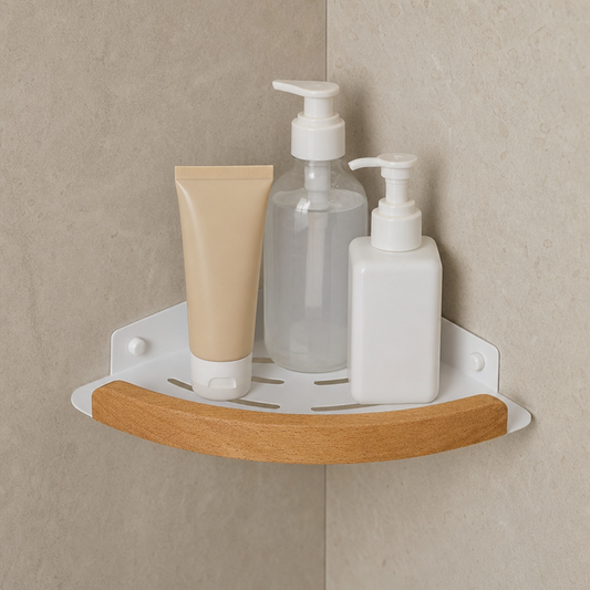 Étagère de douche d'angle arrondie blanche et bois clair