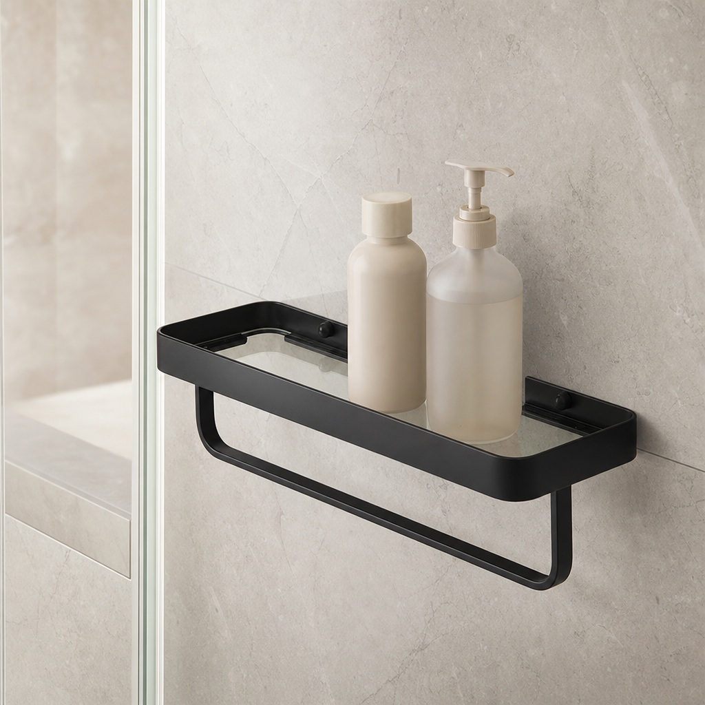 Étagère de douche noire en verre et aluminium