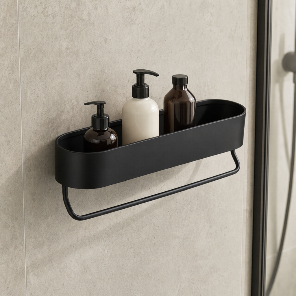Étagère de douche noire arrondie avec porte serviettes