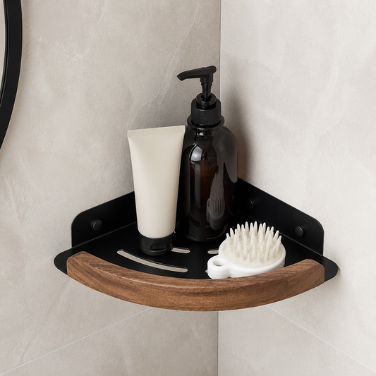 Étagère de douche d'angle arrondie noire et bois foncé