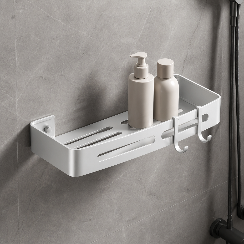 Étagère de douche incurvée avec crochets Blanc