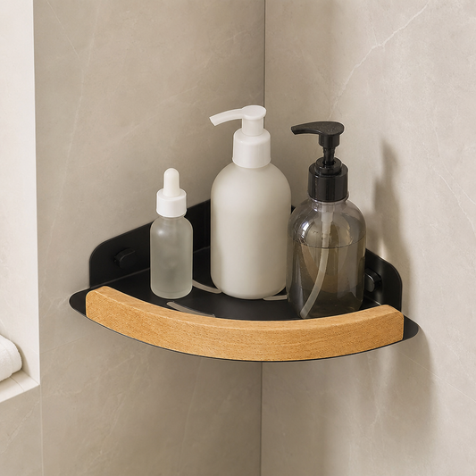 Étagère de douche d'angle aluminium noire et bois clair