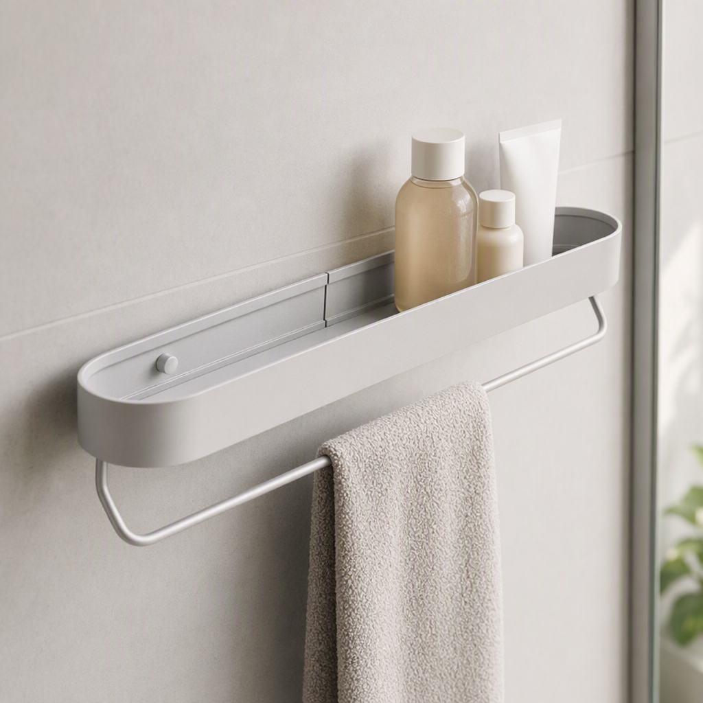 Étagère de douche blanche arrondie avec porte serviettes