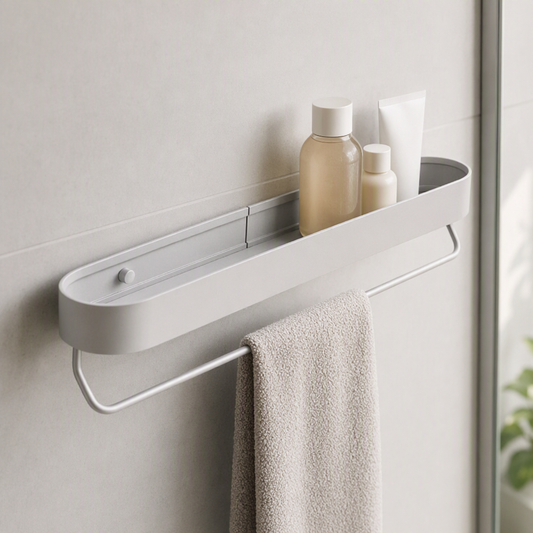 Étagère de douche blanche arrondie avec porte serviettes