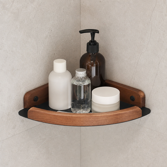 Étagère de douche d'angle aluminium noire et bois foncé