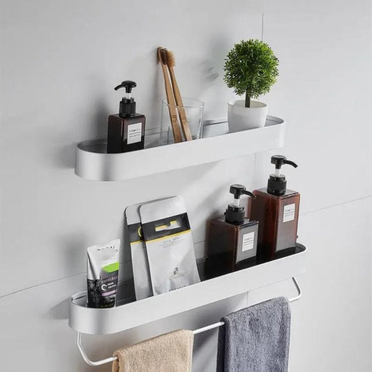 Étagère de douche blanche arrondie avec porte serviettes