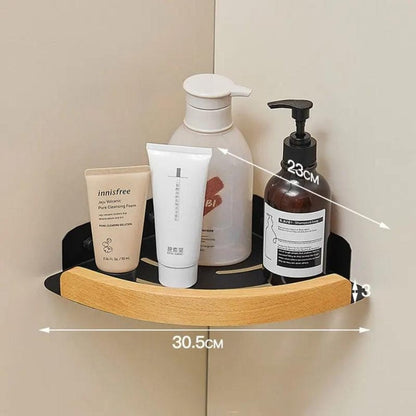 Étagère de douche d'angle aluminium noire et bois clair Noir