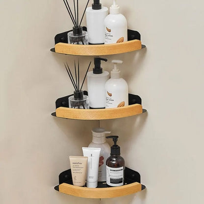 Étagère de douche d'angle aluminium noire et bois clair Noir