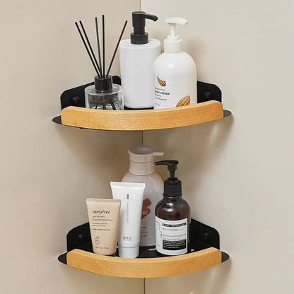 Étagère de douche d'angle aluminium noire et bois clair Noir