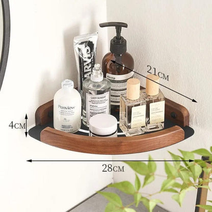 Étagère de douche d'angle aluminium noire et bois foncé Noir