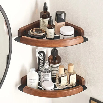 Étagère de douche d'angle aluminium noire et bois foncé Noir