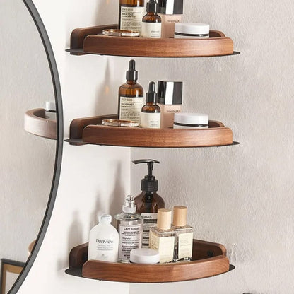 Étagère de douche d'angle aluminium noire et bois foncé Noir