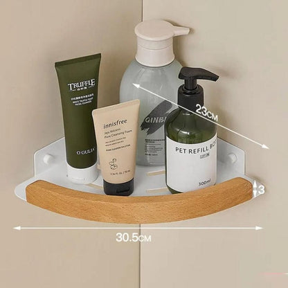 Étagère de douche d'angle arrondie blanche et bois clair blanc