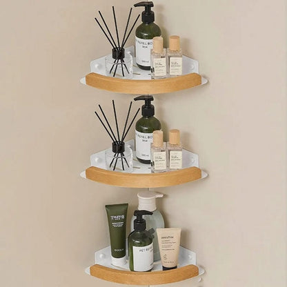 Étagère de douche d'angle arrondie blanche et bois clair blanc