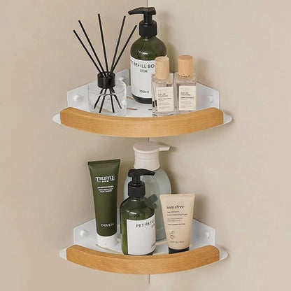 Étagère de douche d'angle arrondie blanche et bois clair blanc