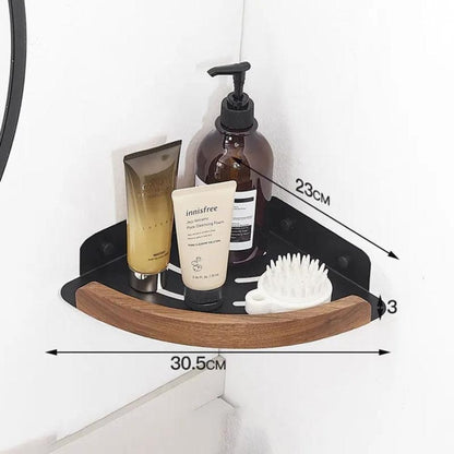 Étagère de douche d'angle arrondie noire et bois foncé noir
