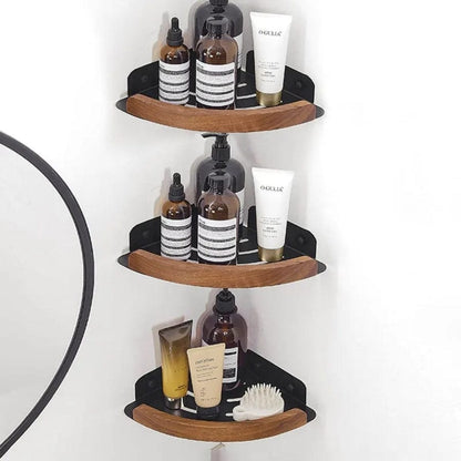 Étagère de douche d'angle arrondie noire et bois foncé noir