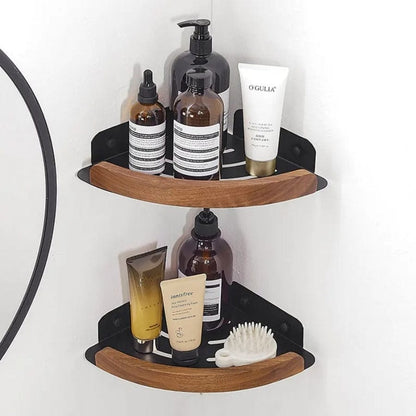 Étagère de douche d'angle arrondie noire et bois foncé noir