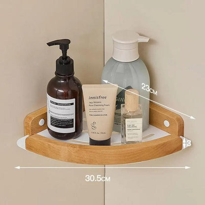 Étagère de douche d'angle blanche et bois blanc
