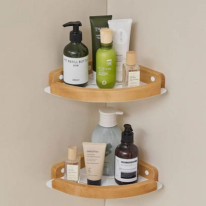 Étagère de douche d'angle blanche et bois blanc